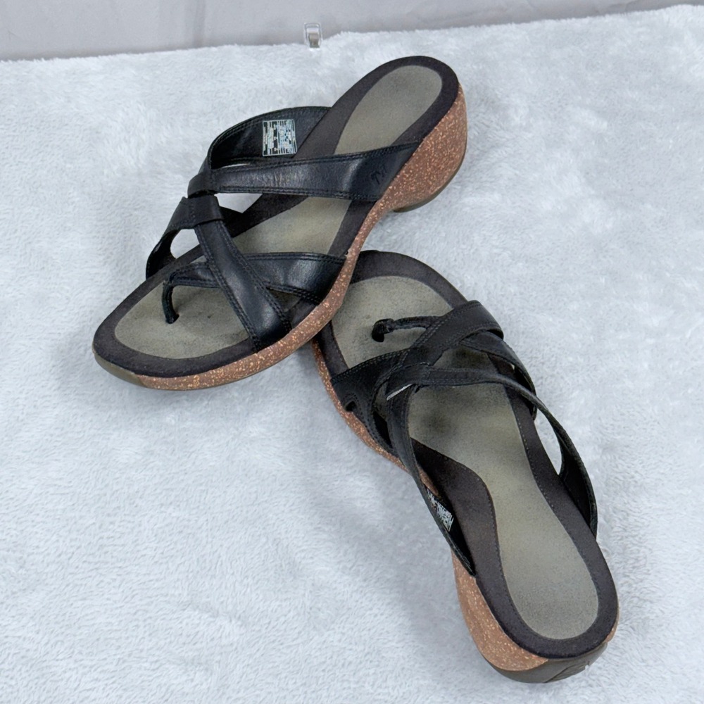 Merrell Sundial Cross Thong Sandals Womens 8 Black Leather Strappy Cork Wedge